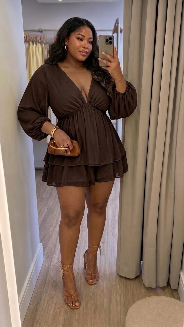 Woman in a brown tiered midi summer dress