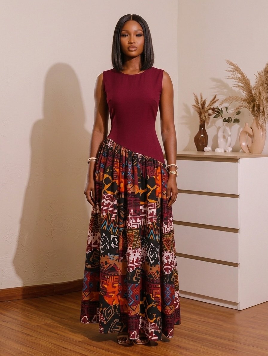 Woman in a burgundy asymmetric dress with an African print skirt